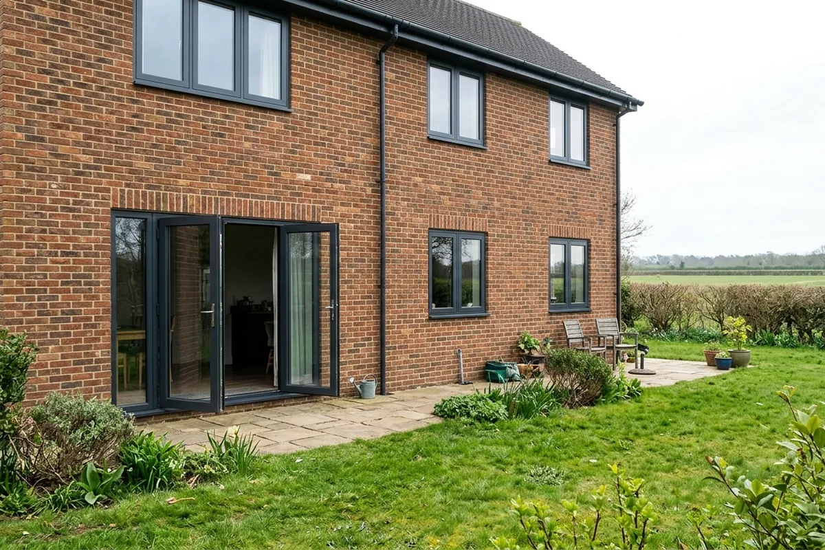 Dark grey aluminium French doors, open, and matching aluminium windows at the back of a two-storey brick house with fields beyond the garden