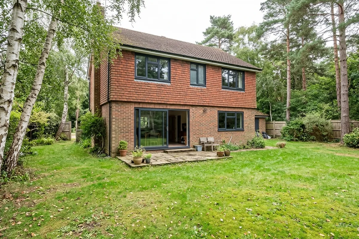 Rear of a brick and tile-hung detached house among birch and pine trees, with a two-pane anthracite aluminium sliding door partly open onto a stone patio and slim anthracite windows above