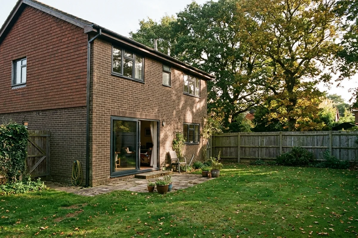 Two-pane anthracite aluminium sliding door, one panel open, at the back of a brick detached house with a tile-hung gable and oak trees beyond the fence
