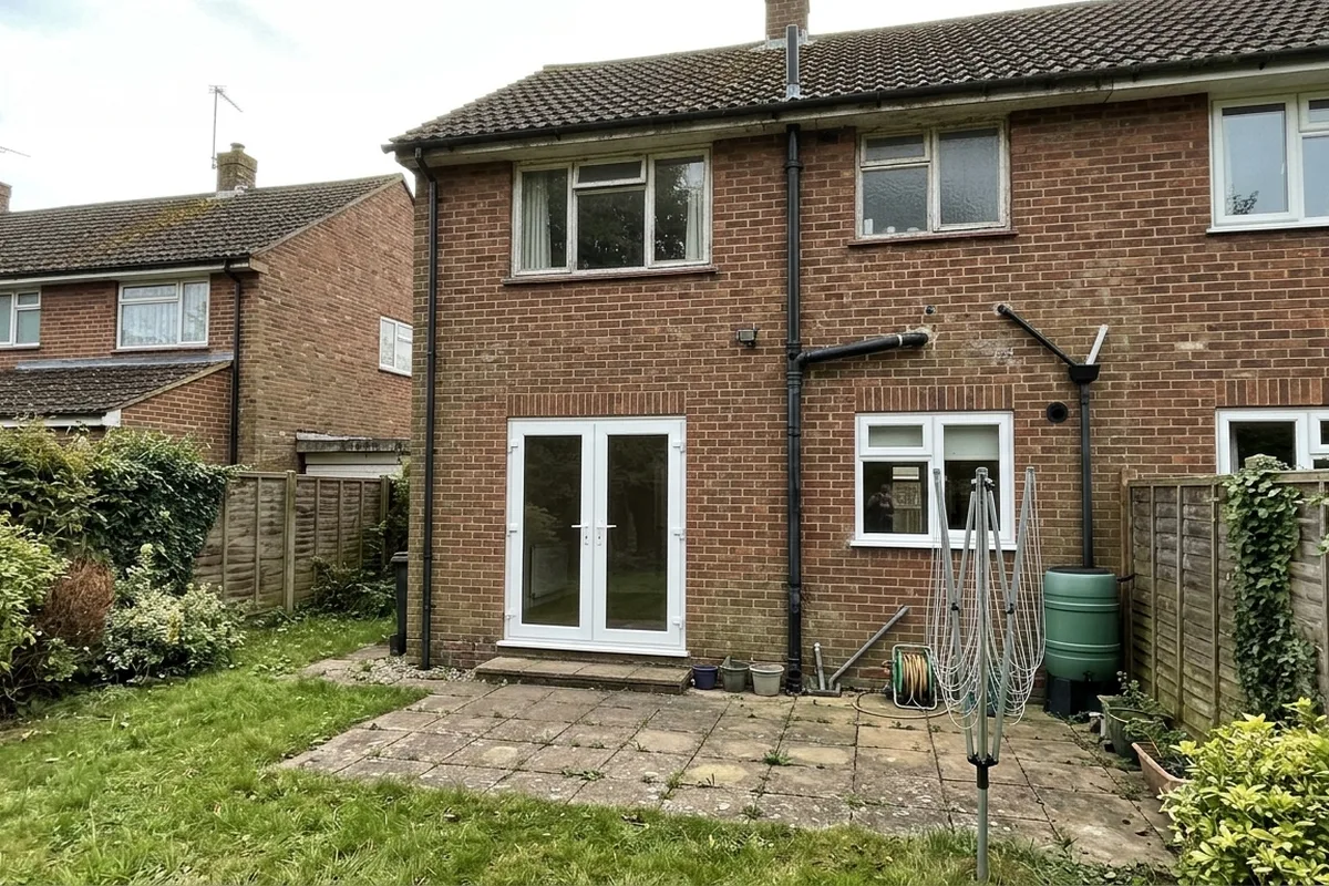 White uPVC French doors, closed, and a white uPVC kitchen window at the back of a brick semi-detached house typical of the 1960s and 70s, with a rotary washing line on the patio