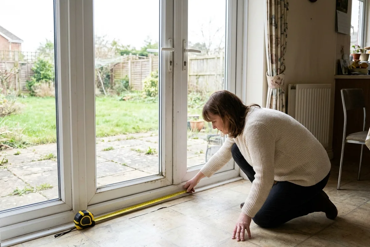 Homeowner kneeling in her kitchen to measure the width of old white uPVC French doors at floor level with a tape measure