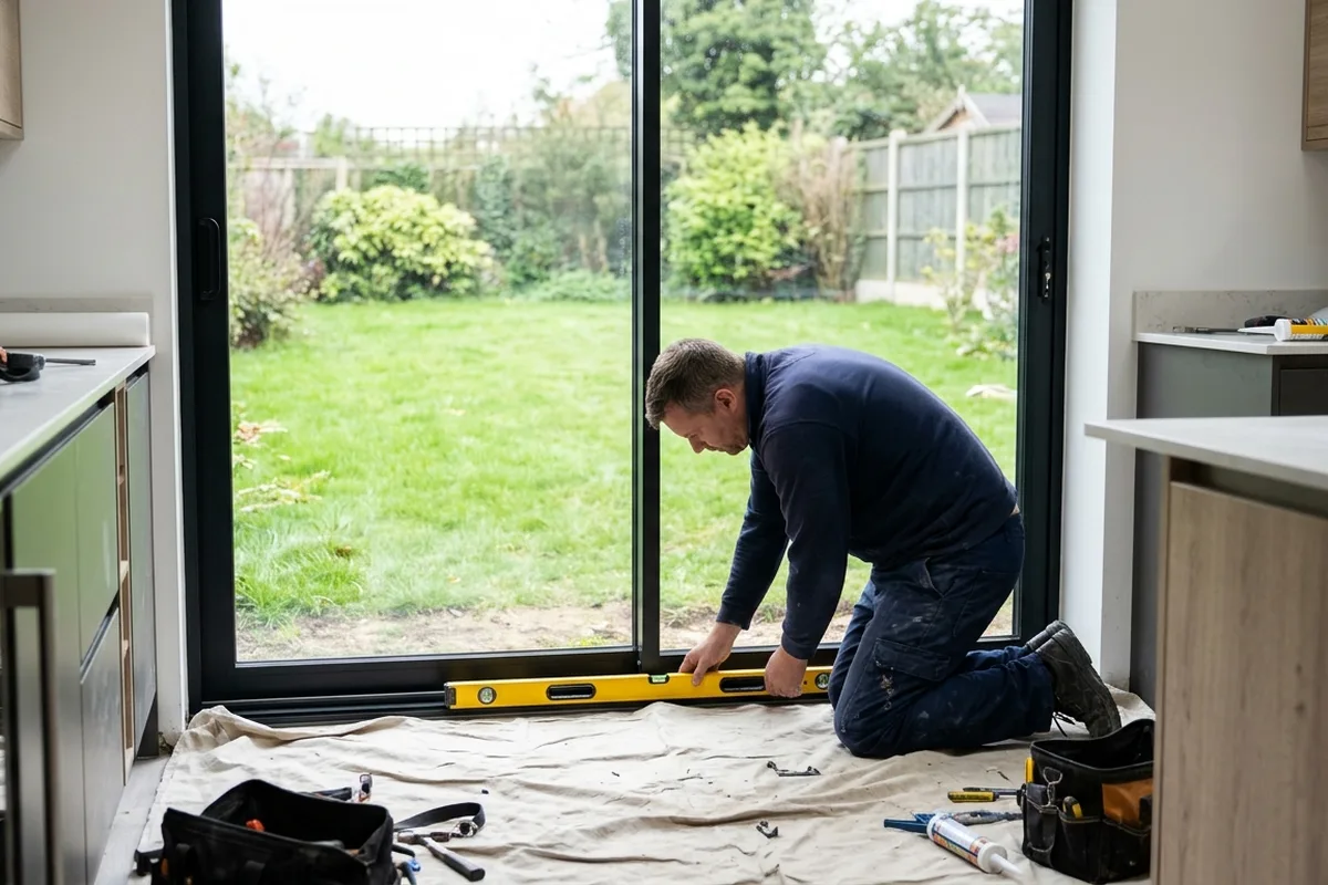 Installer in plain navy workwear kneeling in a kitchen to check the threshold of a newly fitted black two-pane aluminium sliding door with a yellow spirit level