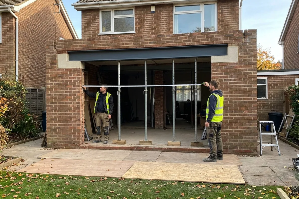 Two workers in hi-vis vests measuring a widened opening in a brick rear wall, with a new steel beam above and temporary props still in place